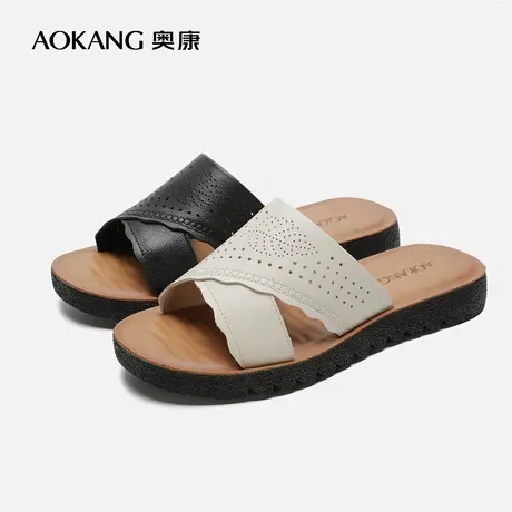 【门店发货】奥康女鞋 新款真皮时尚防滑一字拖舒适拖鞋商品大图