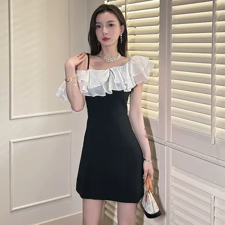 高冷御姐风斜领吊带小黑裙短款显瘦修身小个子单肩包臀连衣裙女夏图片