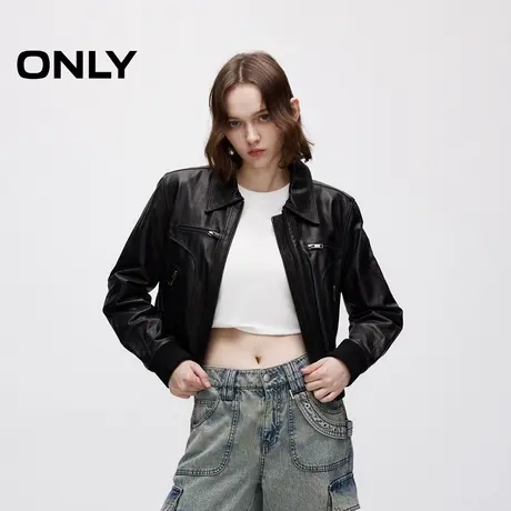 ONLY奥莱春季潮酷街头风宽松正肩短款皮衣外套女图片