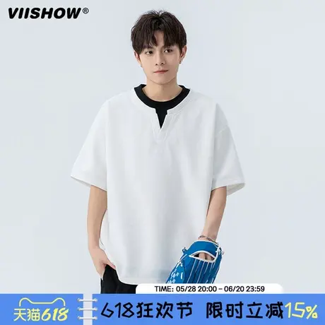 VIISHOW日系简约假两件V领短袖T恤男夏新款休闲百搭情侣半袖体恤商品大图