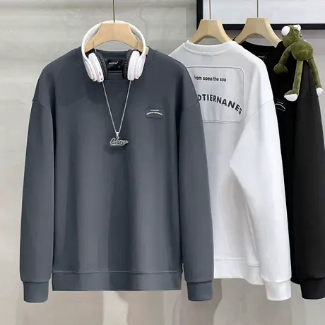 圆领无帽卫衣男潮牌ins港风宽松外套春秋季日系长袖T恤百搭上衣服图片