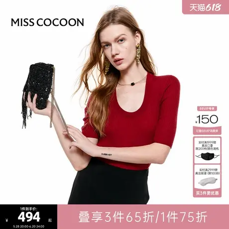 【100%羊毛】可可尼COCOON2024秋冬新款女针织衫通勤上衣红色毛衣商品大图