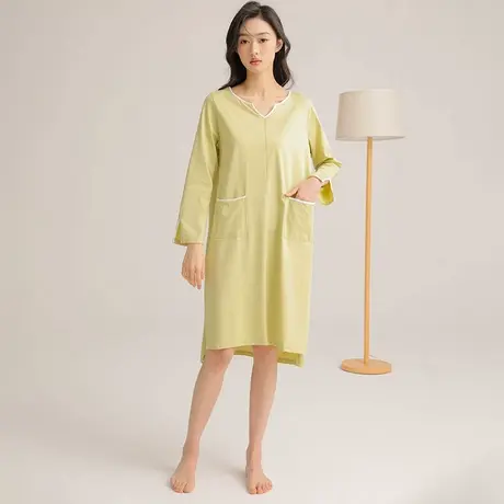 女夏天2024款V领大码宽松长袖连衣裙子中长款薄款家居服纯棉睡裙商品大图