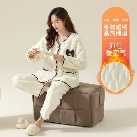 秋鹿双面尖毛绒睡衣女秋冬款加厚保暖V领珊瑚绒家居服套装可外穿商品大图