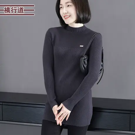 2023冬季新款简约纯色半高领中长款长袖针织衫女装上衣服外穿毛衣商品大图