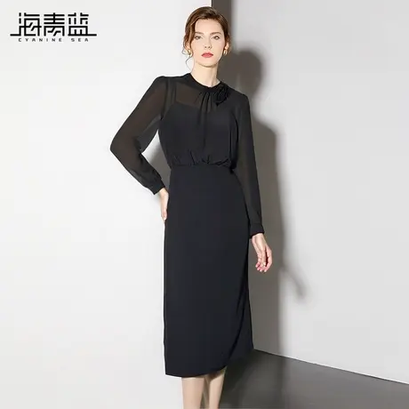 海青蓝秋装2024年新款高级感黑色连衣裙女气质假两件修身通勤裙子商品大图