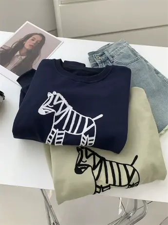 重磅毛圈棉提花刺绣圆领卫衣女2023秋冬减龄百搭宽松韩版套头上衣商品大图