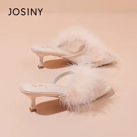 【JOSINY】名媛千金~粉色毛毛女士拖鞋夏季高级感细跟气质高跟鞋商品大图