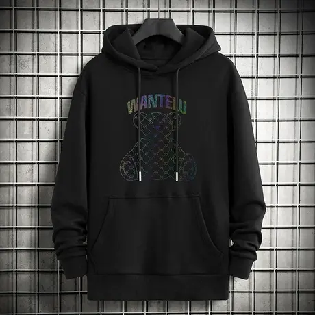 黑色卫衣男连帽外套2023新款秋冬加绒宽松潮流百搭小熊长袖带帽衫商品大图