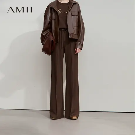 Amii2025秋新款极简学院风弹力罗马布微喇叭橡筋腰休闲长裤女款图片