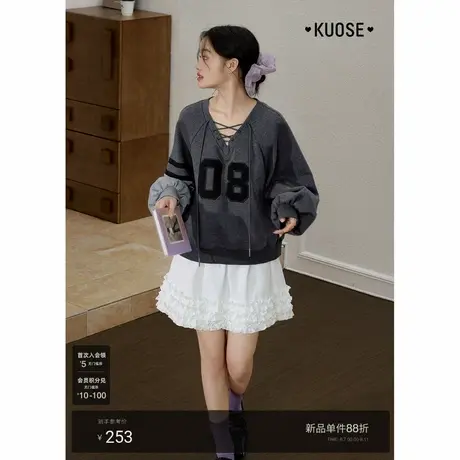 阔色美式慵懒v领长袖卫衣女2025秋季新款灰色刺绣宽松休闲上衣商品大图