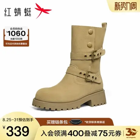 红蜻蜓时装靴2025秋冬新款女鞋厚底粗跟中筒靴黑色瘦瘦靴西部靴女商品大图