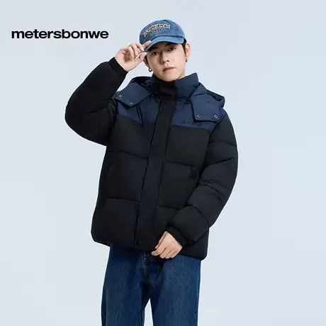 美特斯邦威棉服男2025秋季新款潮流休闲舒适百搭拼色宽松连帽外套图片