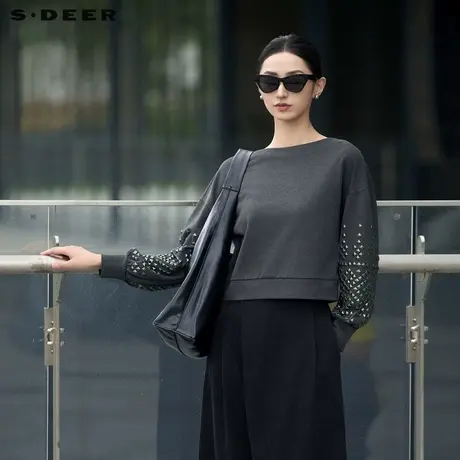 sdeer圣迪奥冬装女装时尚圆领铆钉落肩袖宽松T恤S24480201图片