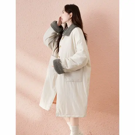 唐狮翻领撞色长款棉服女2024冬季厚外套时尚棉衣复古英伦风大衣图片