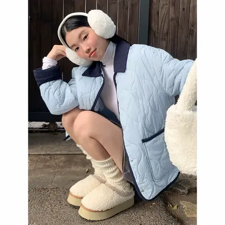 KV真维斯轻薄短款棉服女2025新款拼接撞色翻领秋冬菱格衬衫领外套商品大图