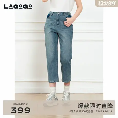 LAGOGO浅蓝高腰九分裤女拉谷谷2025年秋季新款弹力长裤OCNN537Q52图片