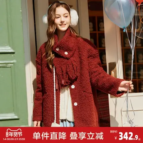唐狮2026春季红色厚外套女新年氛围中长款仿羔毛外套（含围巾）图片