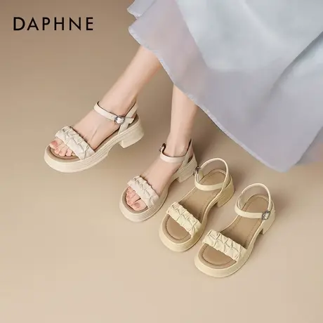 达芙妮米色厚底一字带凉鞋2026新款春夏季厚底外穿粗跟女鞋子女款图片