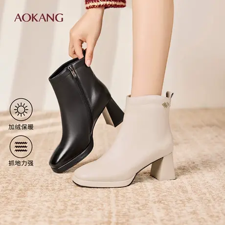 奥康 女鞋2025冬季时装靴精致方头粗跟增高通勤短靴门店发货图片