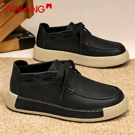 奥康男鞋2026新款春季轻便软底一脚蹬休闲板鞋男士复古黑色皮鞋潮图片