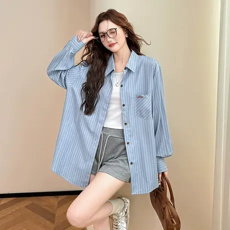 唐狮秋季长袖衬衫女蓝色条纹衬衫设计感字母韩系高级感上衣BLtu商品大图