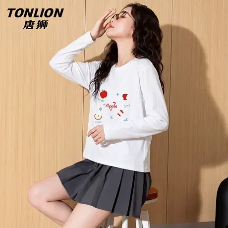 唐狮官方纯棉长袖t恤女2026新款春宽松大码打底衫内搭白色上衣VC商品大图