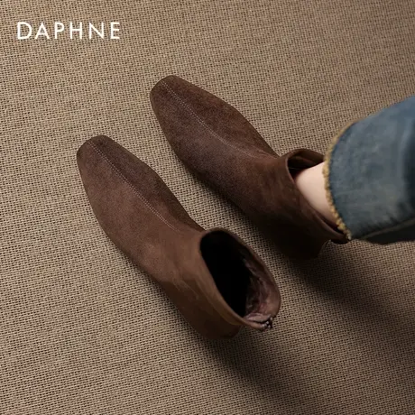 达芙妮高跟鞋短靴女2025秋冬季新款加绒粗跟女靴子棕色复古瘦瘦靴商品大图
