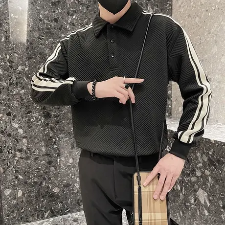 春秋季小众设计感条纹简约POLO衫长袖卫衣运动休闲翻领上衣外套商品大图