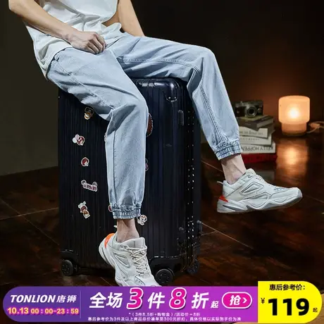 唐狮春夏季软薄款牛仔裤男潮牌浅色束脚松紧腰天蓝色休闲潮流裤子商品大图