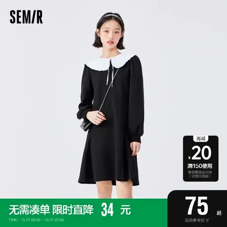 森马连衣裙女花边娃娃领温柔气质春季法式泡泡袖小黑裙优雅甜酷风图片
