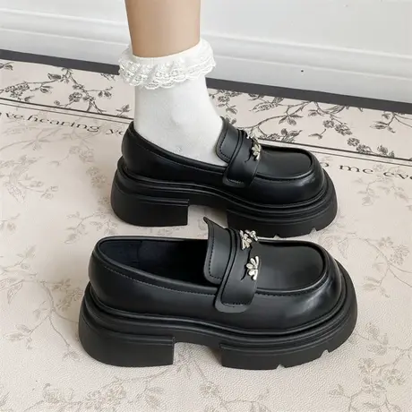 配裙子黑色日系jk小皮鞋女2023新款一脚蹬鞋子秋季厚底增高乐福鞋商品大图