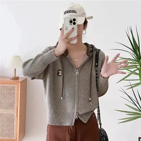 复古针织衫双头拉链毛衣外套女冬季2023新款宽松休闲连帽针织开衫商品大图