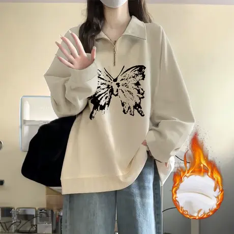 韩系chic风休闲秋冬外套大码加绒卫衣女ins潮半拉链情侣百搭上衣图片
