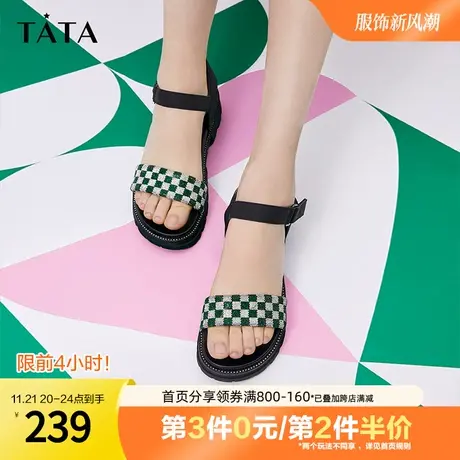 Tata他她棋盘格一字带厚底运动凉鞋沙滩鞋女鞋年新款奥莱YNM01BL2图片