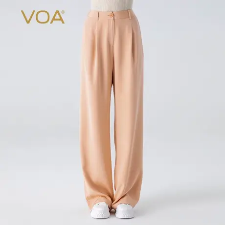 VOA36姆米弹力重绉桑蚕丝藕粉色自然腰通勤OL风口袋西裤直筒裤图片