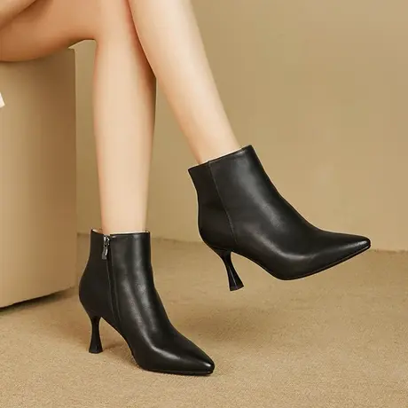 秋冬新款气质简约款真皮女靴尖头细跟短靴女高跟显瘦增高女士皮靴商品大图