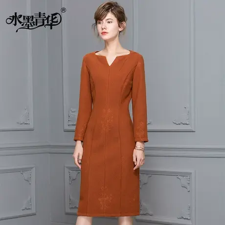 【1件7.9折】春装新品时尚修身百搭一步裙优雅长袖显瘦连衣裙图片