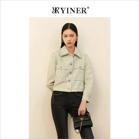 YINER音儿女装冬季新款小香风单排扣编织短外套商品大图