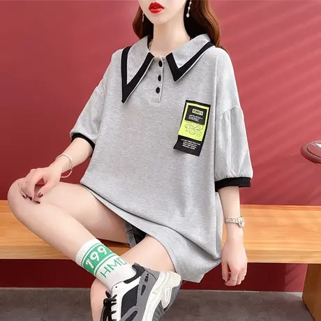 娃娃领短袖t恤女夏季韩版宽松大码女装中长款翻领polo衫上衣服潮商品大图