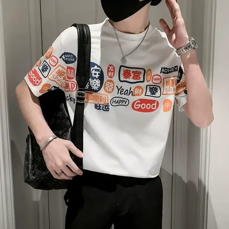 短袖t恤男夏季男半截袖上衣2023新款痞帅体恤ins潮牌时尚印花半袖商品大图