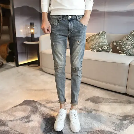秋季新款潮牌流行破洞牛仔裤潮流修身休闲时尚青少年ins九分裤男商品大图