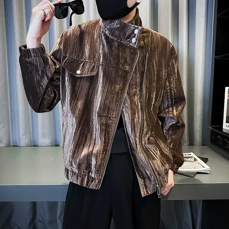 轻熟风丝绒外套潮牌秋冬新款个性痞帅斜拉链设计感发型师立领夹克商品大图