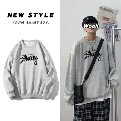 春季新款宽松卫衣男韩版圆领潮流情侣套头打底衫ins港风帅气衣服商品大图