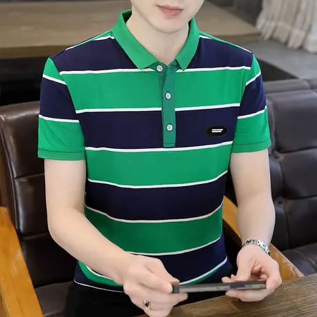 条纹Polo衫男潮牌韩版青少年修身翻领短袖T恤男纯棉2023夏季上衣商品大图
