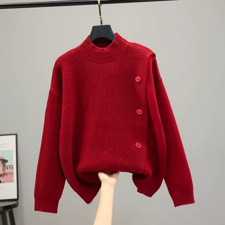 2023春秋新款韩版宽松半高领针织衫套头长袖纽扣纯色毛衣上衣打底商品大图