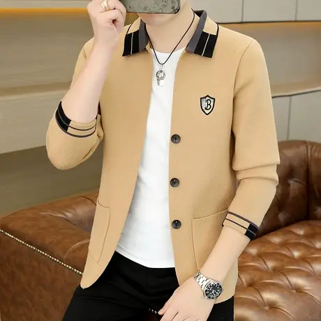 高级感翻领针织外套男士春秋季潮流韩版刺绣休闲线衣外搭开衫夹克商品大图