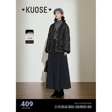 阔色老钱风黑色格子棉服女2023新款秋冬季棉衣v领假两件拼接外套商品大图