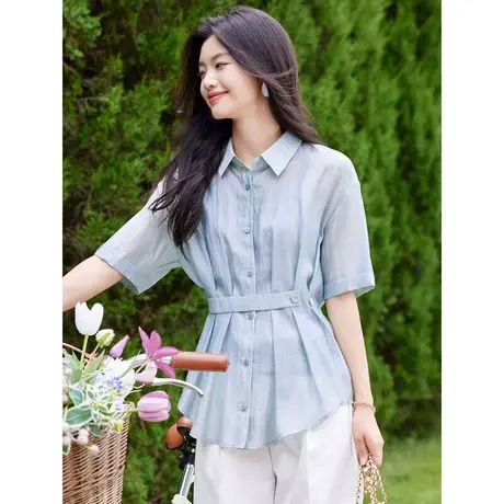 时尚气质天丝短袖衬衫2023年夏季新款淑女温柔翻领显瘦通勤上衣商品大图