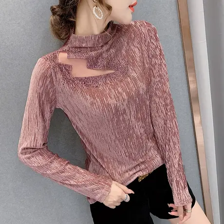 半高领打底衫女春秋百搭金丝绒烫钻T恤女长袖性感镂空洋气上衣潮商品大图